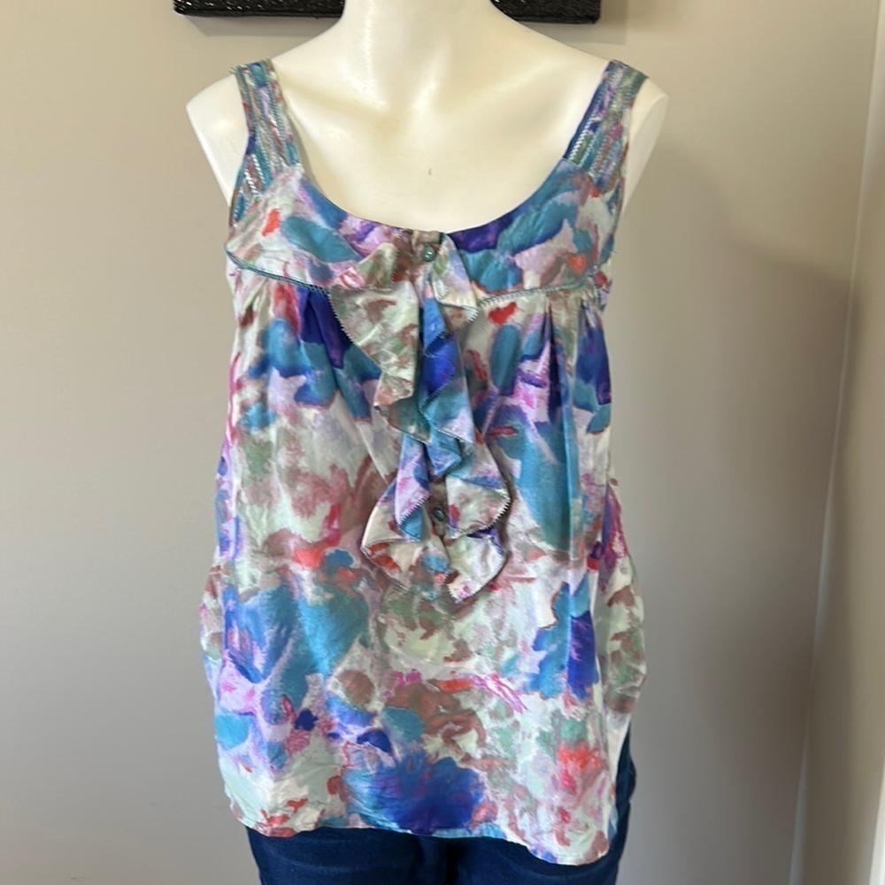 Anthropologie Postmark Tank Silk Watercolor Top Ruffle Blue Purple Sz 4